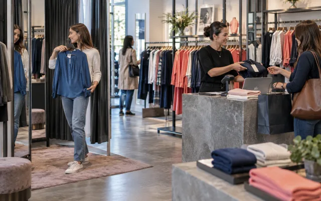 Clientes de loja de roupa escolhem camisola azul junto ao espelho de prova, o funcionário oferece outro tamanho, prateleiras, camisolas dobradas, dispositivo de leitura de código e sacos de compras mostram o cenário de retalho, exemplificação da cena
