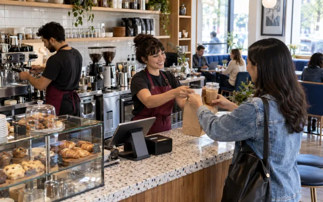 O balcão da cafetaria mostra a máquina de café e o barista, caixa com tablet, vitrine de pastelaria e área de levantamento, diagrama do cenário