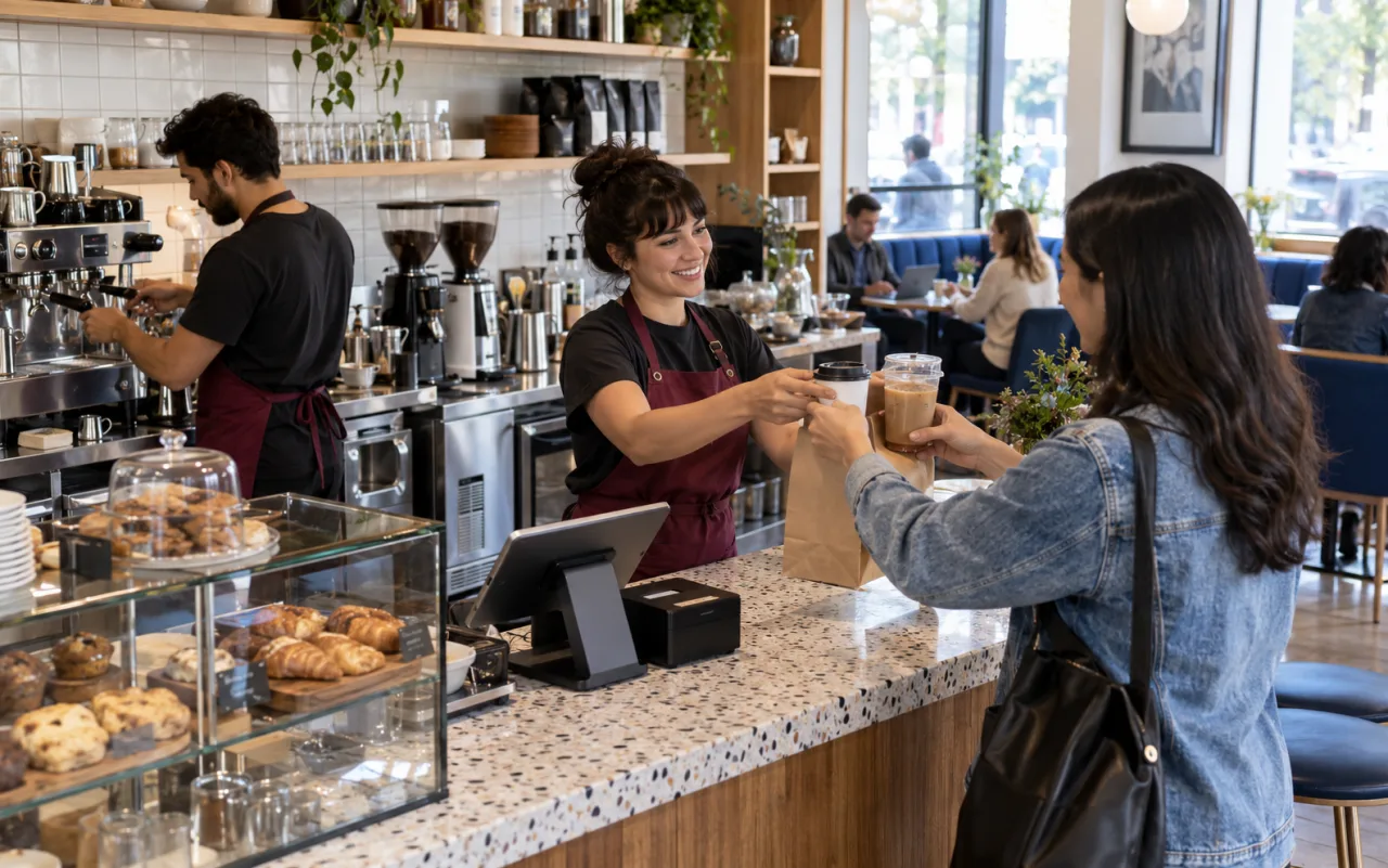 Die Café-Bar zeigt gleichzeitig die Kaffeemaschine, Barista, Tablet-Kassierer, Snackschrank und den Servicebereich, in dem das Personal Getränke ausliefert, was die Szenerie veranschaulicht