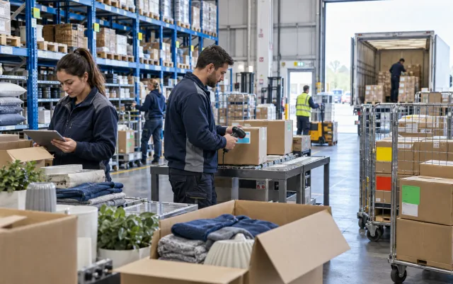 Funcionários de armazéns de retalho em cadeia usam leitores de código de barras e tablets para conferir caixas de transferência; prateleiras altas azuis, carrinhos de transporte e corredores de carga mostram a expedição em várias lojas, ilustração de cenário