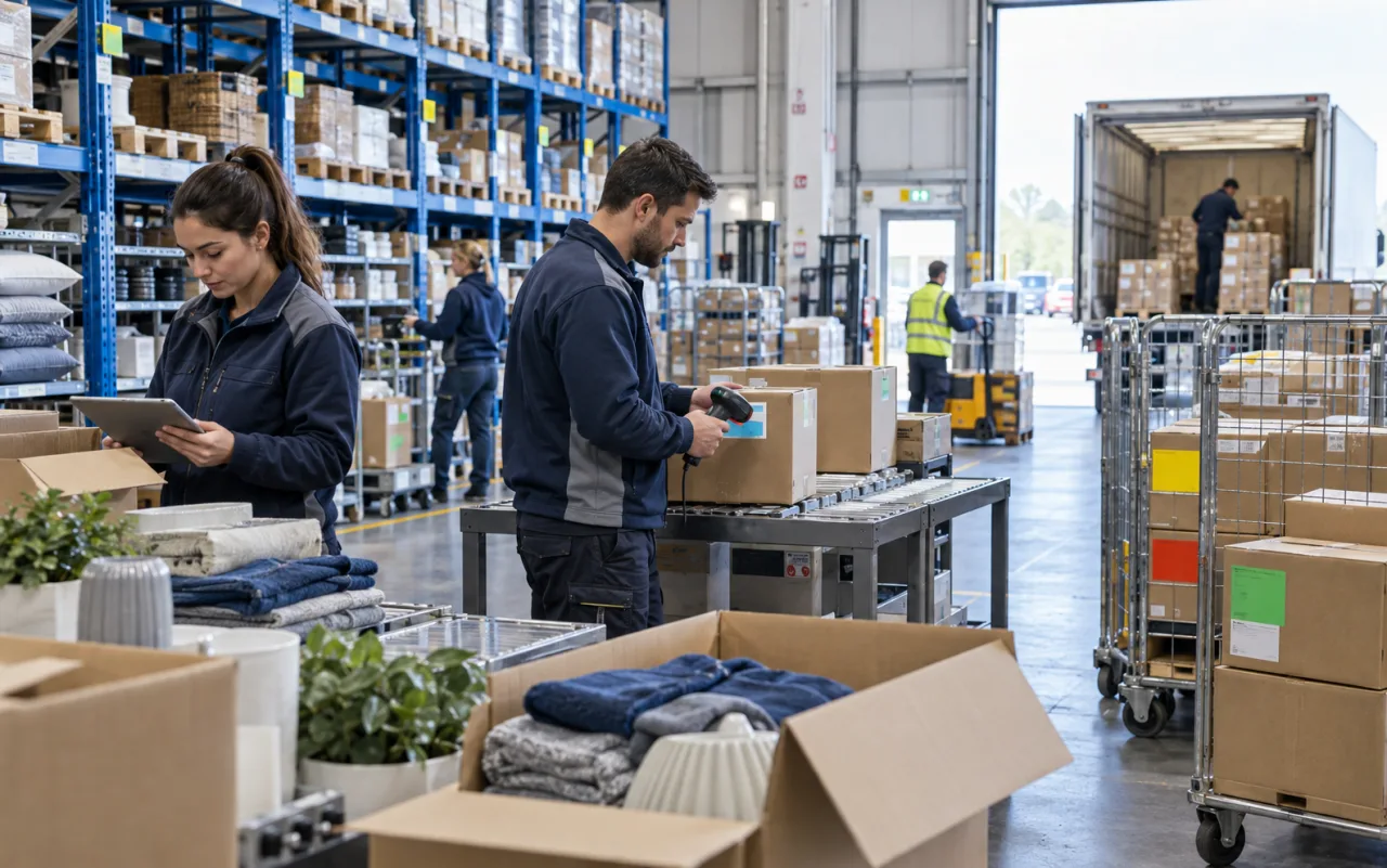 Funcionários de armazéns de retalho em cadeia usam leitores de código de barras e tablets para conferir caixas de transferência; prateleiras altas azuis, carrinhos de transporte e corredores de carga mostram a expedição em várias lojas, ilustração de cenário