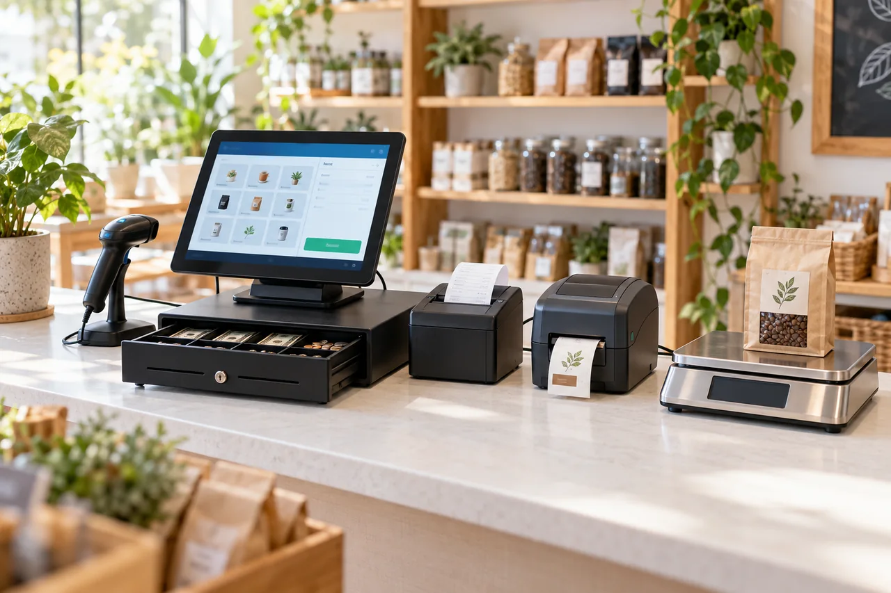 Ilustração de terminal POS, gaveta, leitor, impressoras e balança