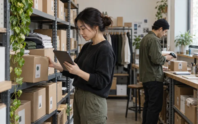 El personal de gestión de la tienda usa tabletas para verificar los productos en los estantes y cajas, mientras el personal del almacén escanea códigos de barras en el área de trabajo, escenificación.