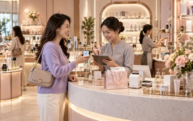 En una tienda de cosméticos, el cliente muestra el móvil en el mostrador, el empleado verifica los beneficios de membresía con la tablet, y los estantes de cuidado de la piel, bolsas de regalo y regalos exhiben el servicio de recompra en el sitio, escenario ilustrativo