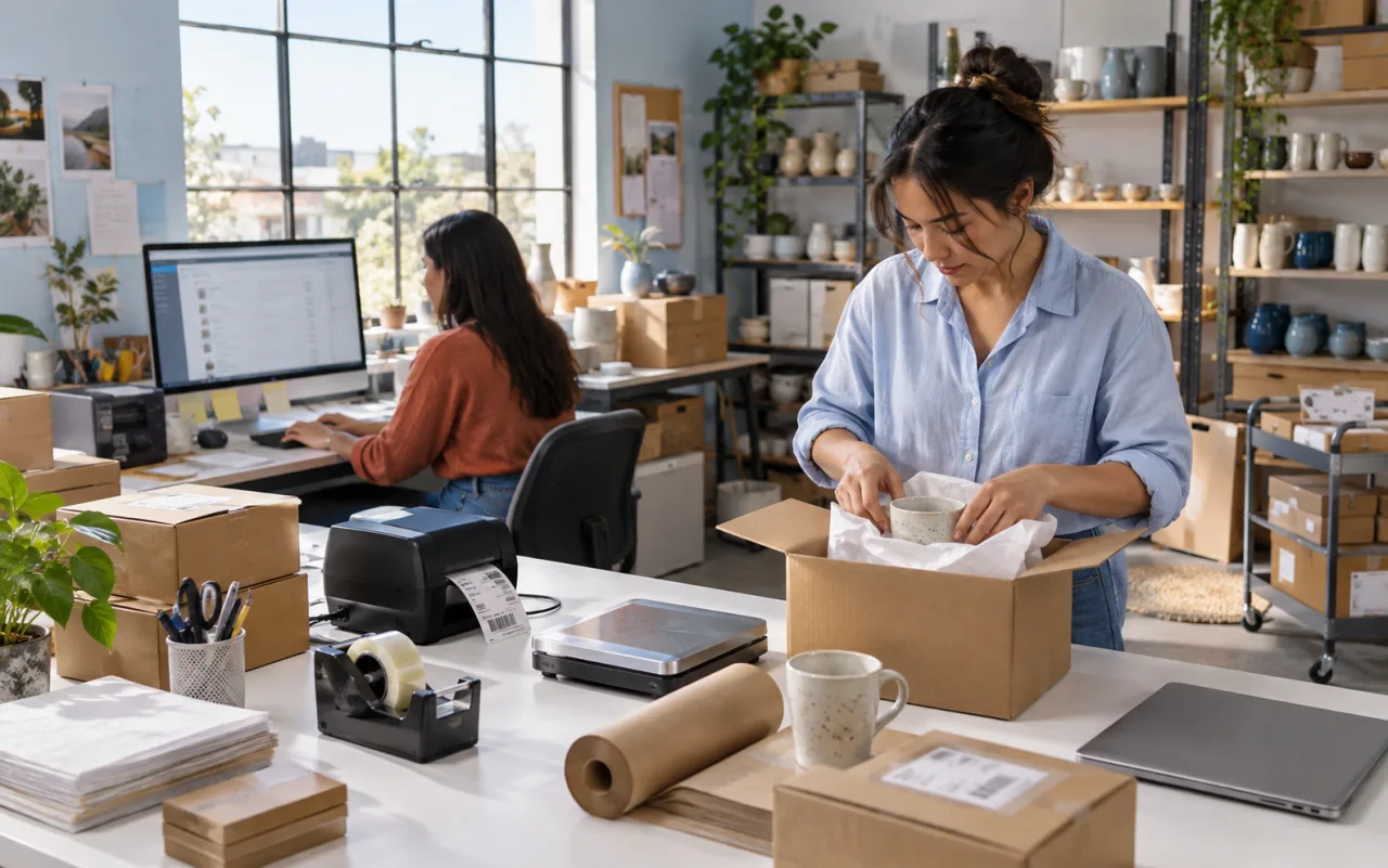 A equipa de e-commerce usa computadores na workstation branca para processar encomendas da loja online e embalar produtos de cerâmica, com impressoras de etiquetas, balanças, fita e caixas prontas para envio por perto, ilustração do cenário.