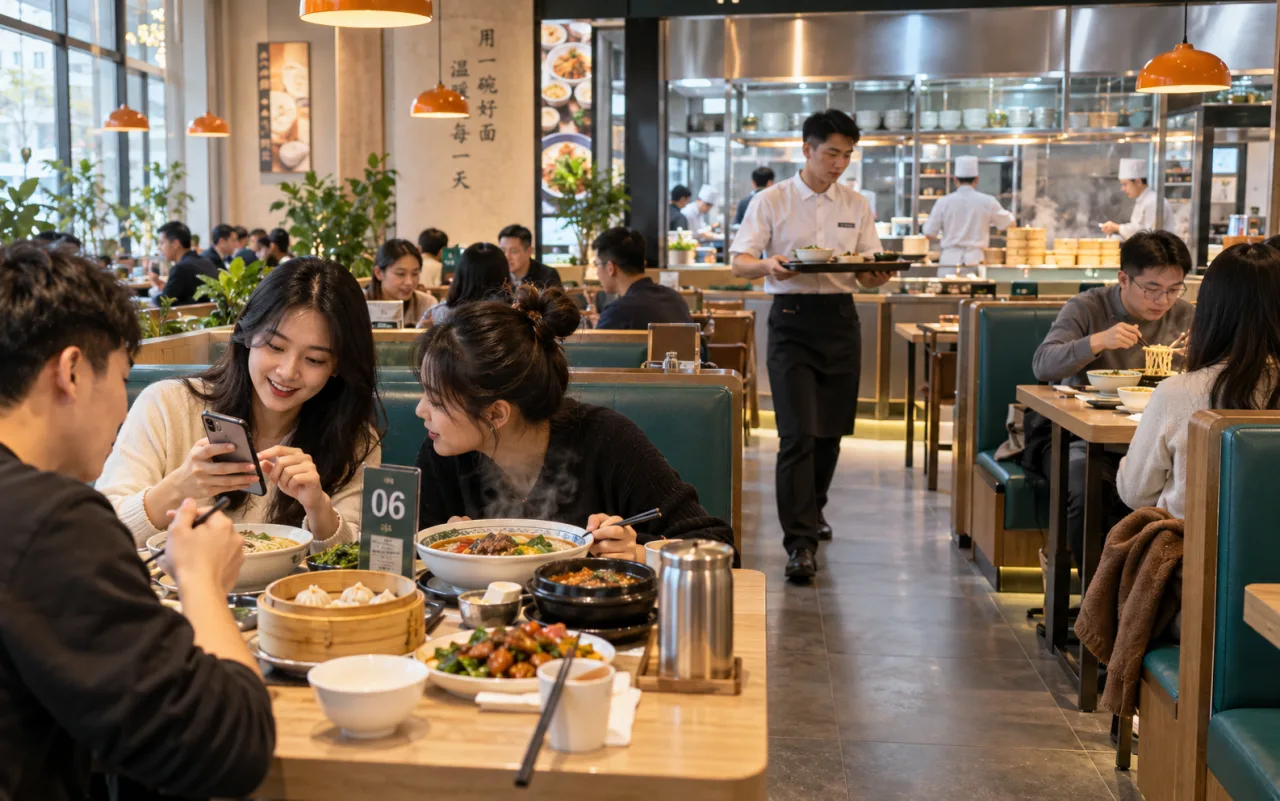 Cliente del restaurante usando el móvil para ver el menú en la mesa con comida servida, camarero pasando por el área de comedor, salida de cocina visible al fondo, esquema de la escena
