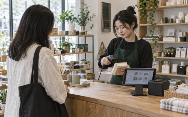 En una tienda de retail de productos cotidianos, el cajero escanea los productos en el mostrador, con una tablet de caja y una impresora de recibos al lado, ejemplo de la escena